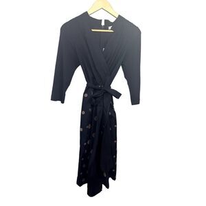 WHY CI Women's Embroidered Polka Dot Wrap Around Cotton Dress Blue Size 42/6 NWT